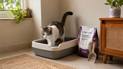 Cat using a clean, well-placed litter box in an Indian apartment — perfect litter box setup.