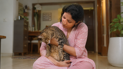  Cat with drooping neck posture being held by a concerned Indian owner at home 
