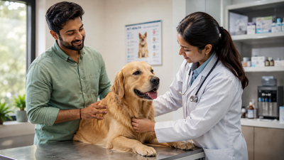 A healthy dog having a routine checkup with a veterinarian while its owner watches.