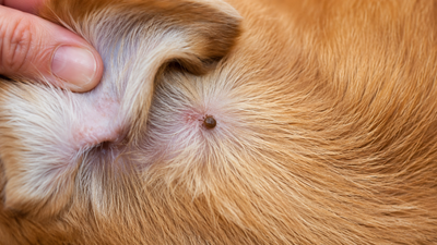 Close-up of a Brown Dog Tick attached behind a dog's ear — the primary vector of Babesiosis in India