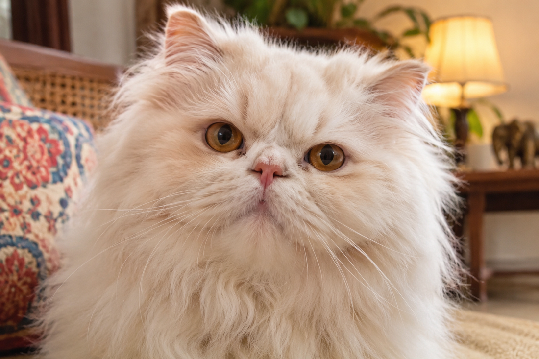 Close-up of a Persian cat's face, representing a breed more prone to corneal sequestration.