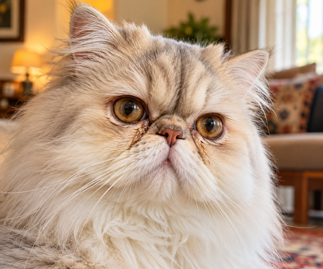 Close-up of a Persian cat's face showing a faint tear trail, common with epiphora.