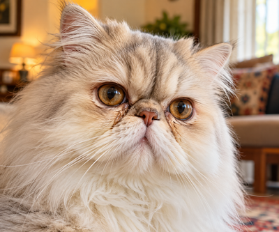 Close-up of a Persian cat's face showing a faint tear trail, common with epiphora.