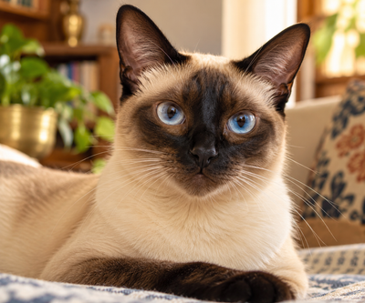 Close-up of a Siamese cat's face, representing a breed more prone to primary glaucoma.