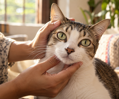 Close-up of a cat's eyes being gently checked by its owner, representing how systemic diseases can affect a cat's eyes.