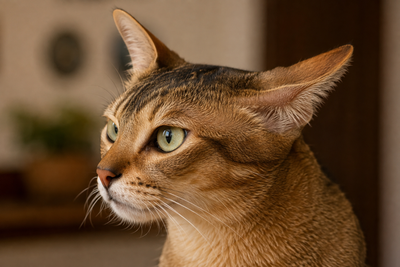 Close-up of a cat's head showing both ears independently rotated to track sound.