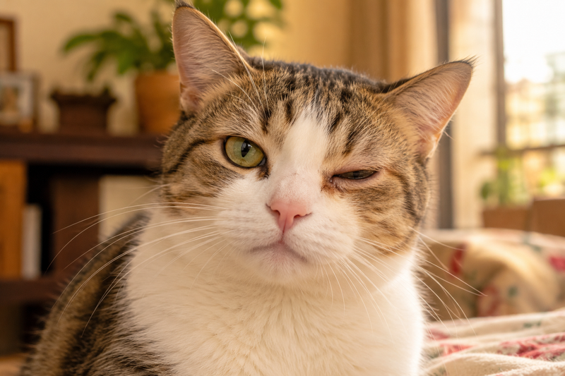 Close-up of a cat squinting one eye, illustrating an early sign of uveitis.