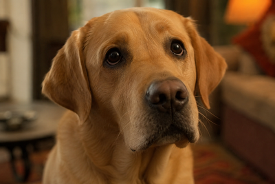 Close-up of a dog's face with widely dilated pupils, illustrating a sign of optic nerve disease