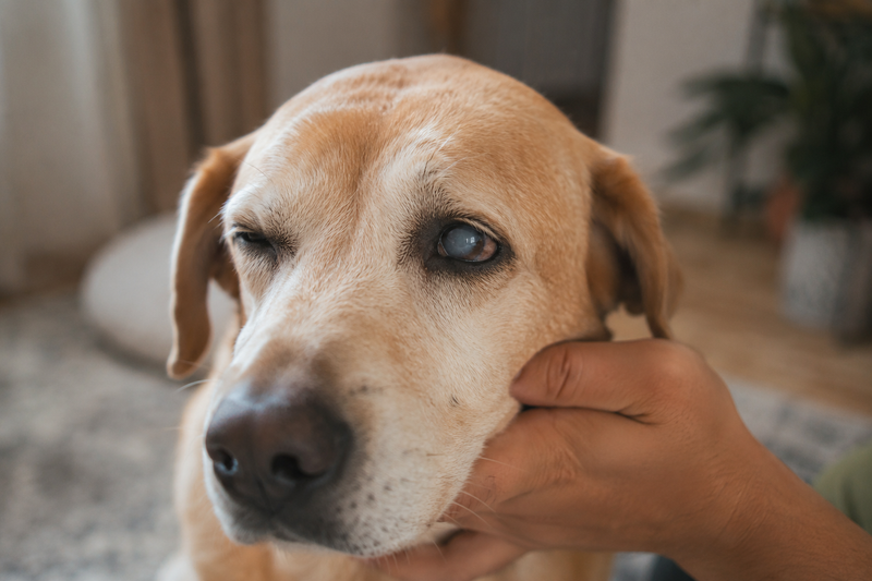 Close-up of a dog squinting with slight corneal cloudiness, illustrating corneal problems in dogs.