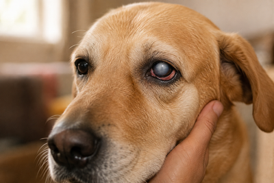 Close-up of a dog with a cloudy, slightly enlarged eye, illustrating signs of glaucoma in dogs.