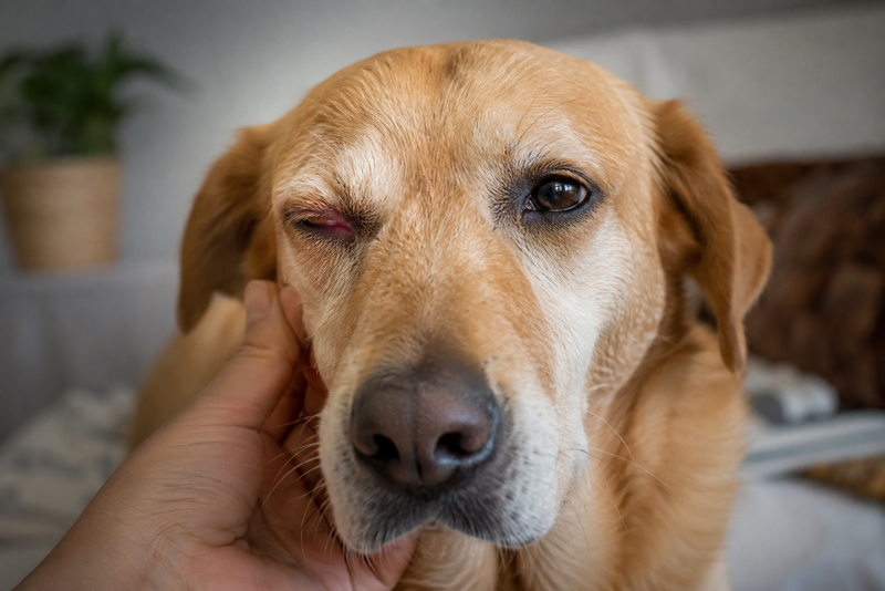 Close-up of a dog with a painful, tightly closed red eye, illustrating uveitis in dogs.