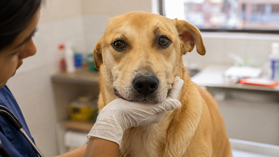 Close-up of a dog with facial paralysis showing drooping lip and lower ear on one side, being examined by a vet
