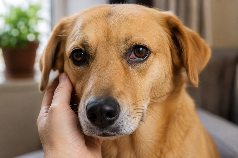 Close-up of a dog with mild redness around the eye, illustrating conjunctivitis (pink eye) in dogs.