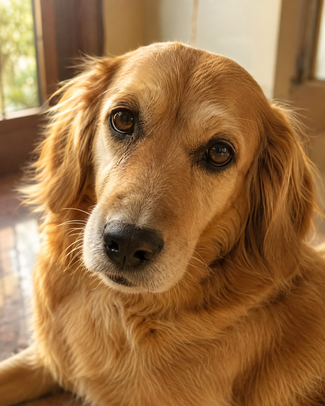 Close-up of a dog with slight tear staining under one eye, illustrating tear duct problems in dogs.