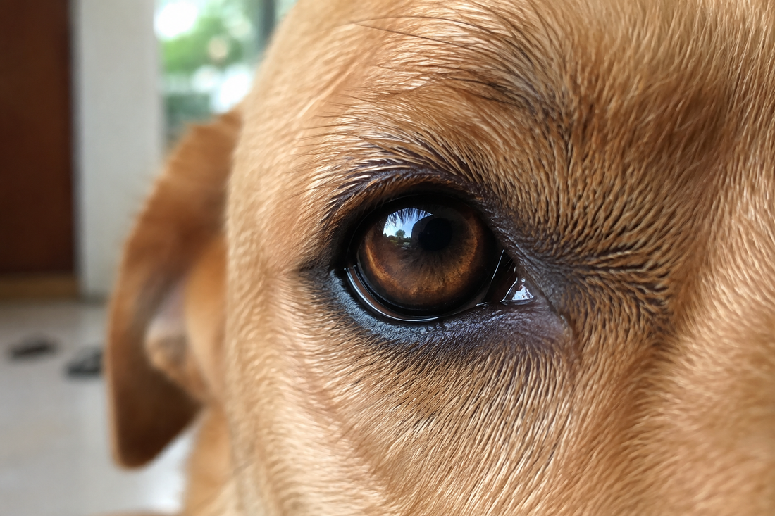 Close-up of a healthy dog's eye showing the iris, pupil, and cornea in natural light 