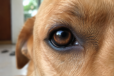 Close-up of a healthy dog's eye showing the iris, pupil, and cornea in natural light 