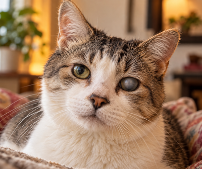 Close-up of a senior cat's face with a subtle cloudy haze in one eye, illustrating an early cataract.