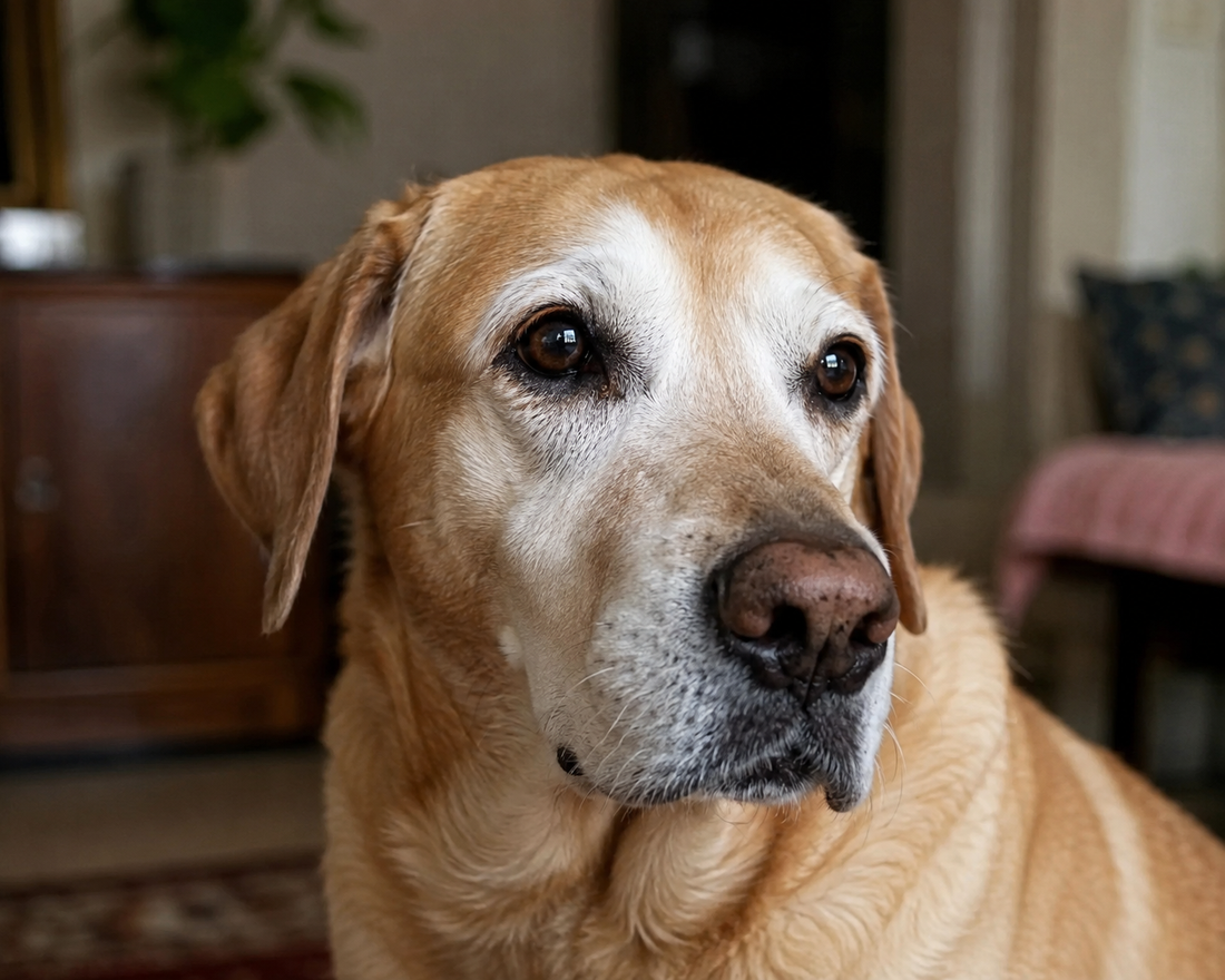 Close-up of a senior dog's healthy eyes, representing the connection between eye health and whole-body wellness.