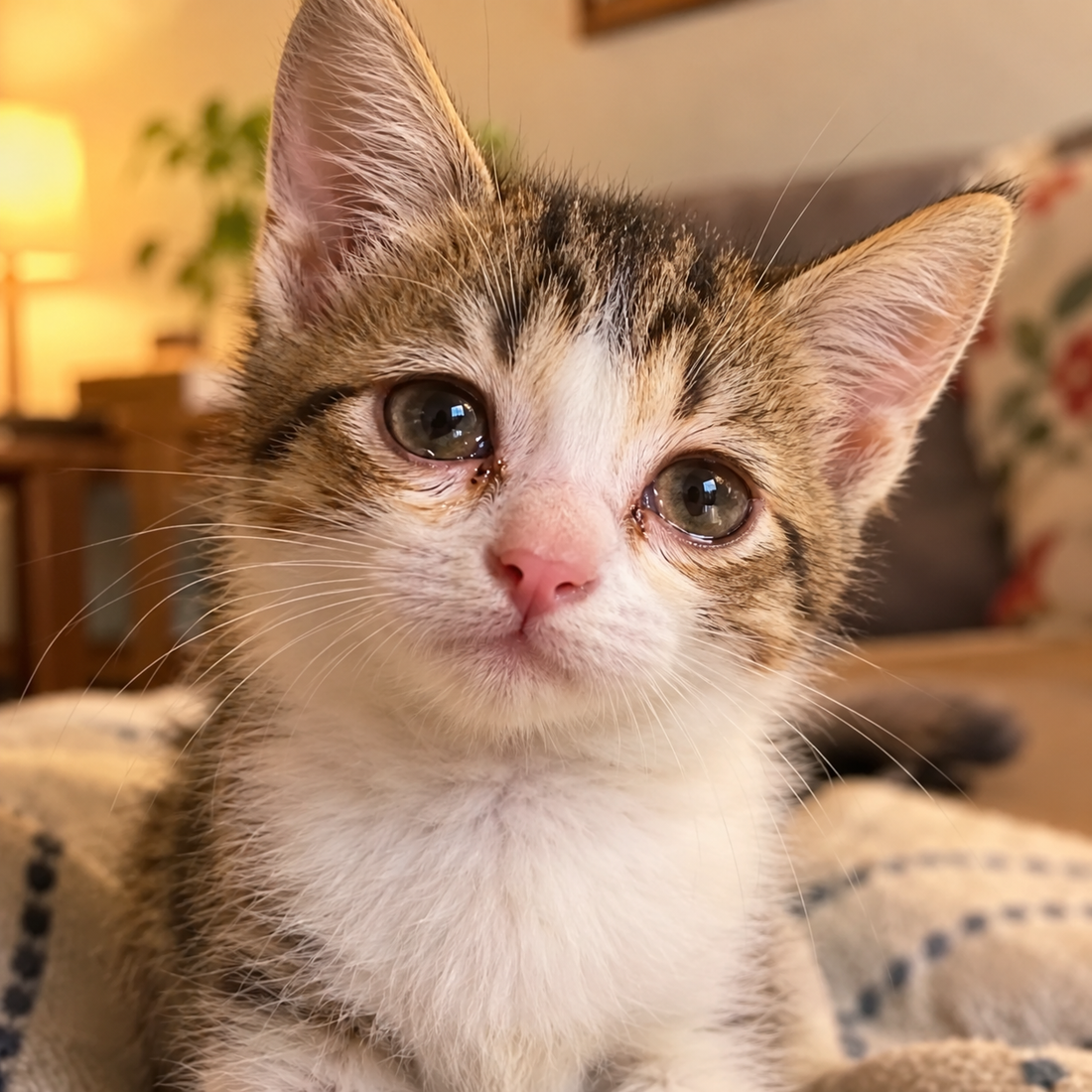 Close-up of a young kitten's watery eye, illustrating an early sign of chlamydial conjunctivitis.