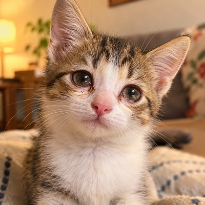 Close-up of a young kitten's watery eye, illustrating an early sign of chlamydial conjunctivitis.