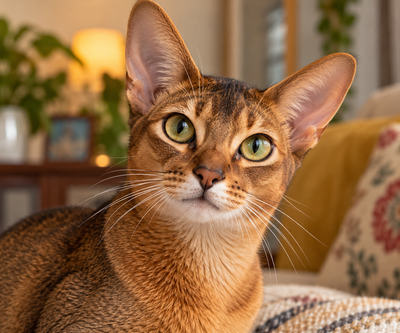 Close-up of an Abyssinian cat's face, representing a breed documented with inherited progressive retinal atrophy.