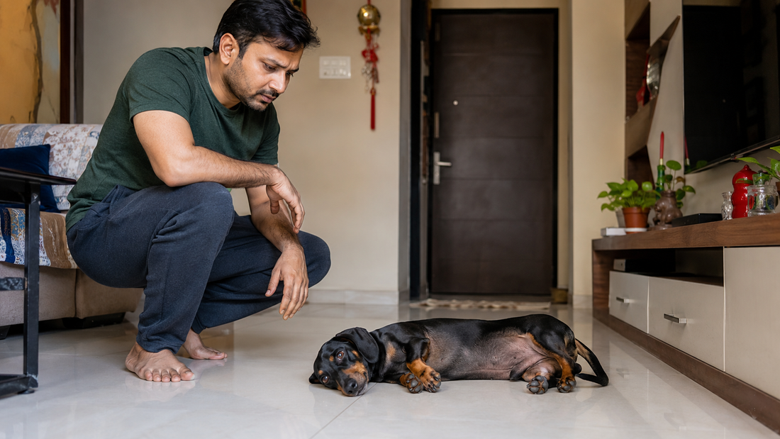 Concerned Indian dog owner crouching beside a Dachshund with hind limb weakness on the floor of a home 