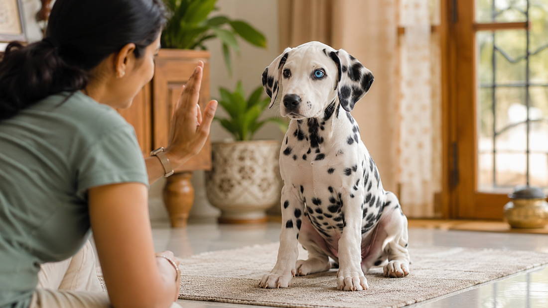 Dalmatian puppy with blue eyes being trained using hand signals due to congenital deafness