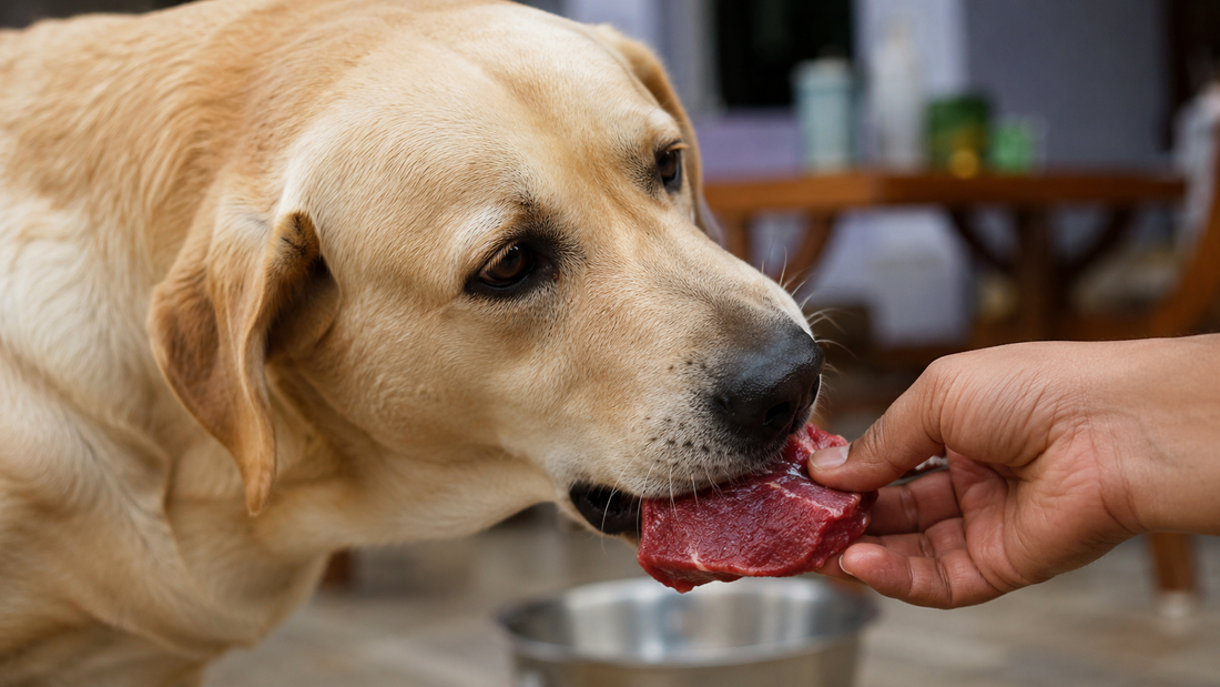Dog being fed raw meat — a key risk factor for sarcocystosis, a muscle-cyst parasite infection 