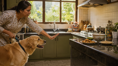 Dog being kept safely away from kitchen food, representing food poisoning prevention