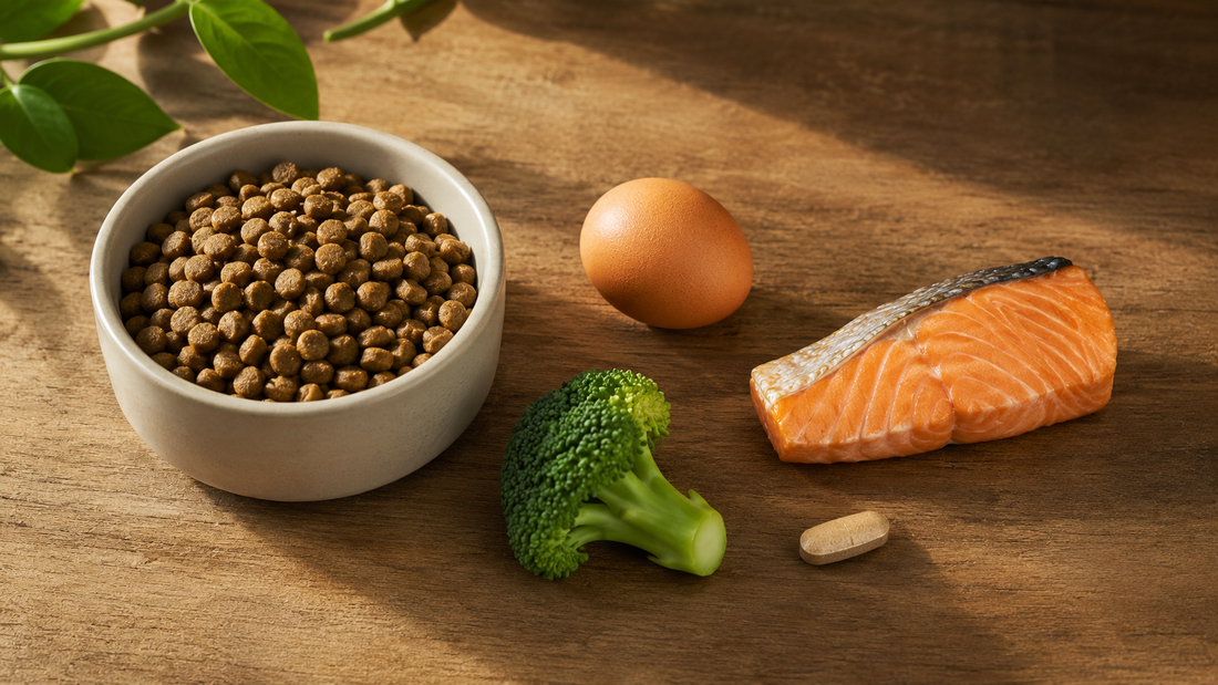  Dog bone health essentials -- commercial food, eggs, salmon, and supplements showing key sources of calcium, phosphorus, and vitamin D for dogs.