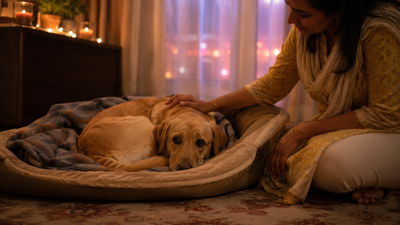 Dog calm in a safe space at home during Diwali fireworks while owner reassures it