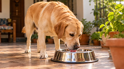 Dog drinking water from a bowl at home, representing awareness of excessive thirst as a health signal in dogs.