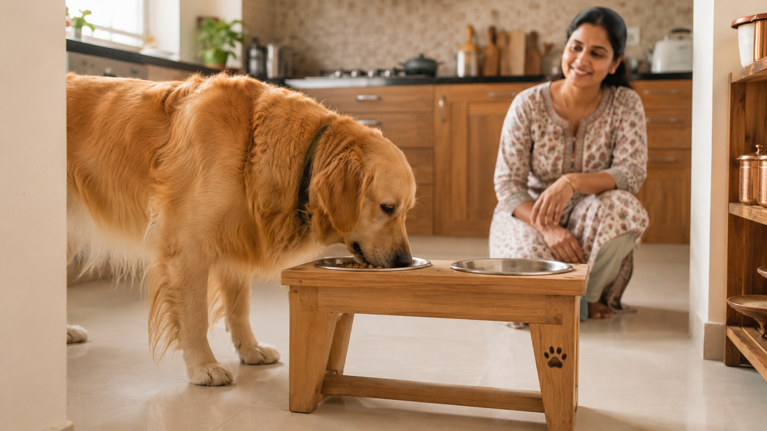 Dog eating from an elevated bowl as part of megaesophagus feeding management. 