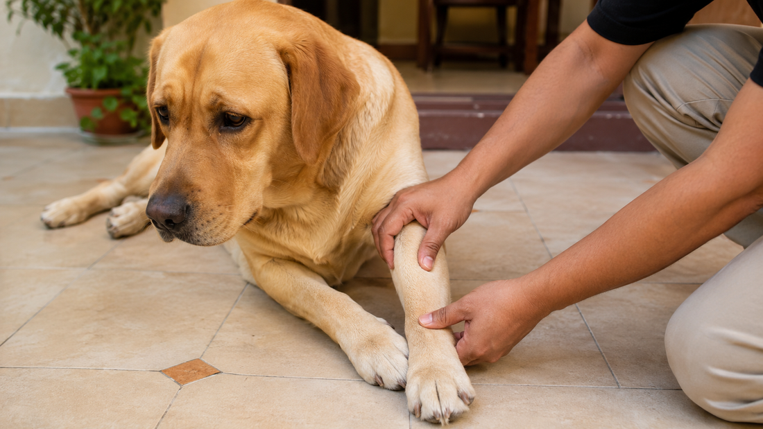 Dog owner examining a dog's leg for bone pain — common sign of bone disorders in dogs