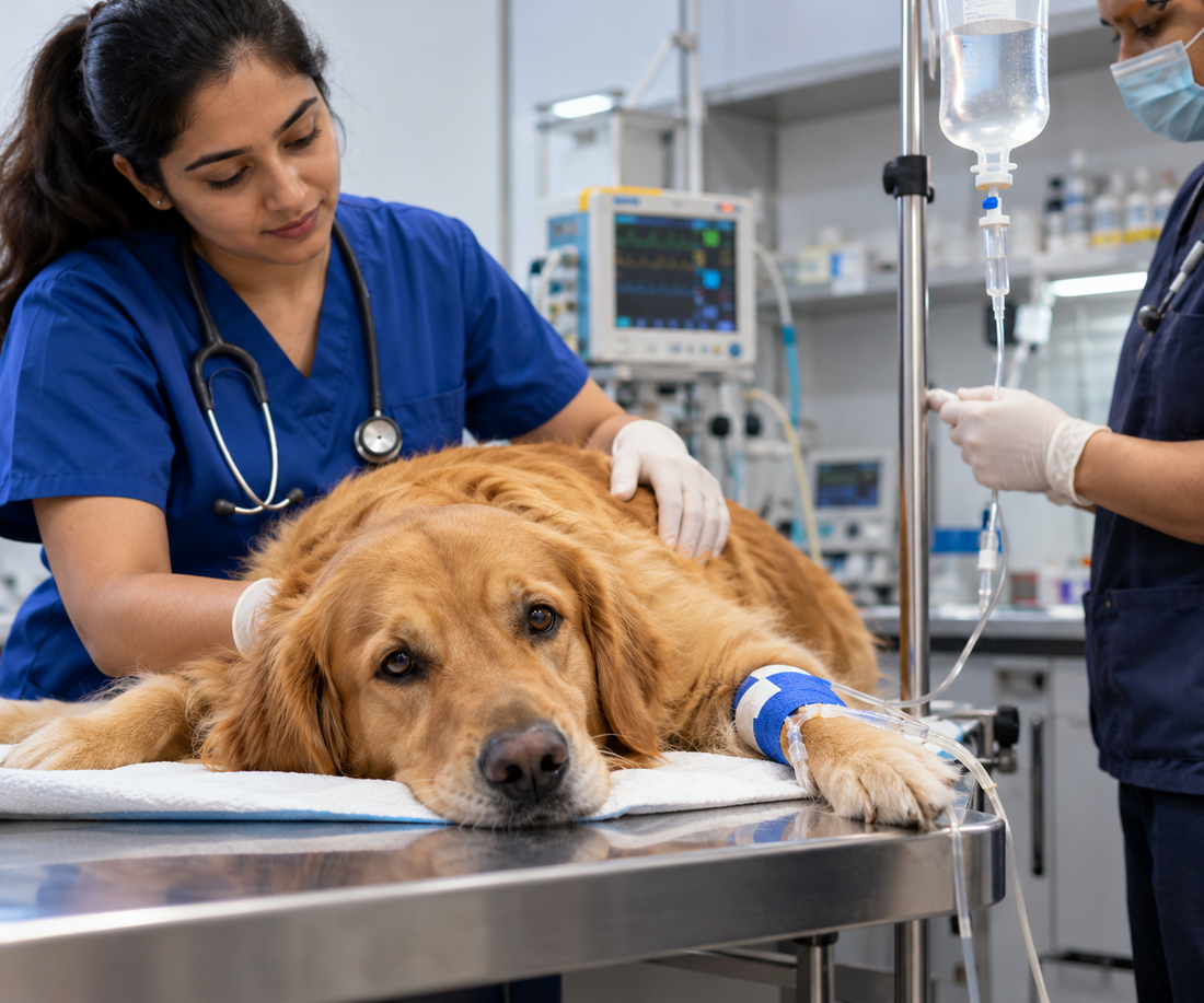 Dog receiving IV fluid therapy at a veterinary clinic, representing emergency treatment for acute kidney injury.