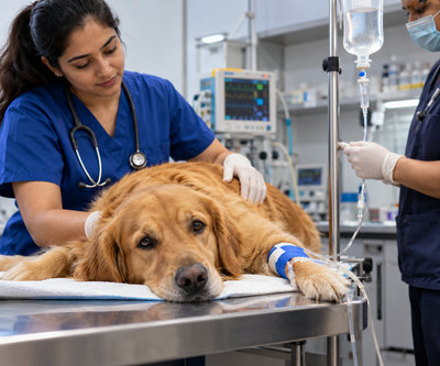 Dog receiving IV fluid therapy at a veterinary clinic, representing emergency treatment for acute kidney injury.