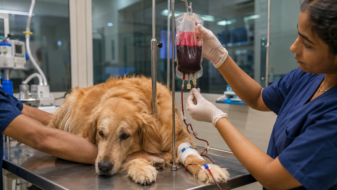  Dog receiving a blood transfusion via IV line in an Indian veterinary ICU