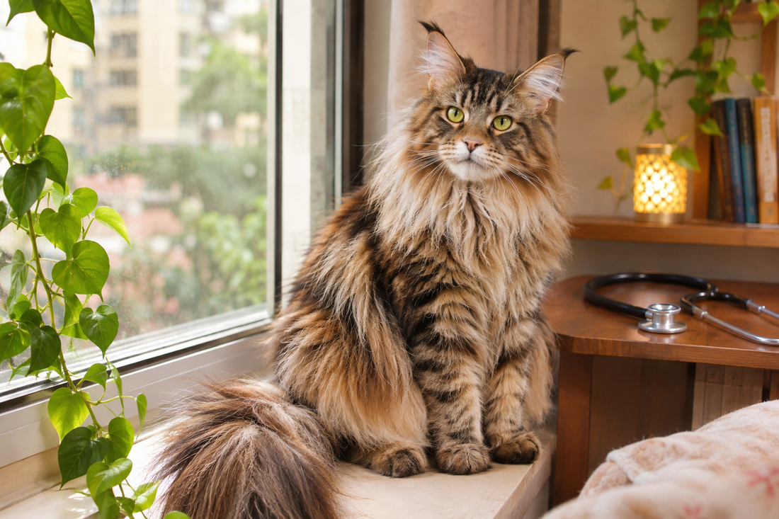 Healthy-looking adult Maine Coon cat, a breed with higher genetic risk for hypertrophic cardiomyopathy.