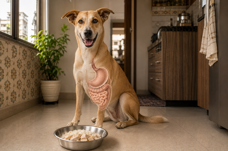 Healthy Indian Indie dog next to a bland-diet meal, with a subtle digestive system outline illustrating dog digestive disorders.