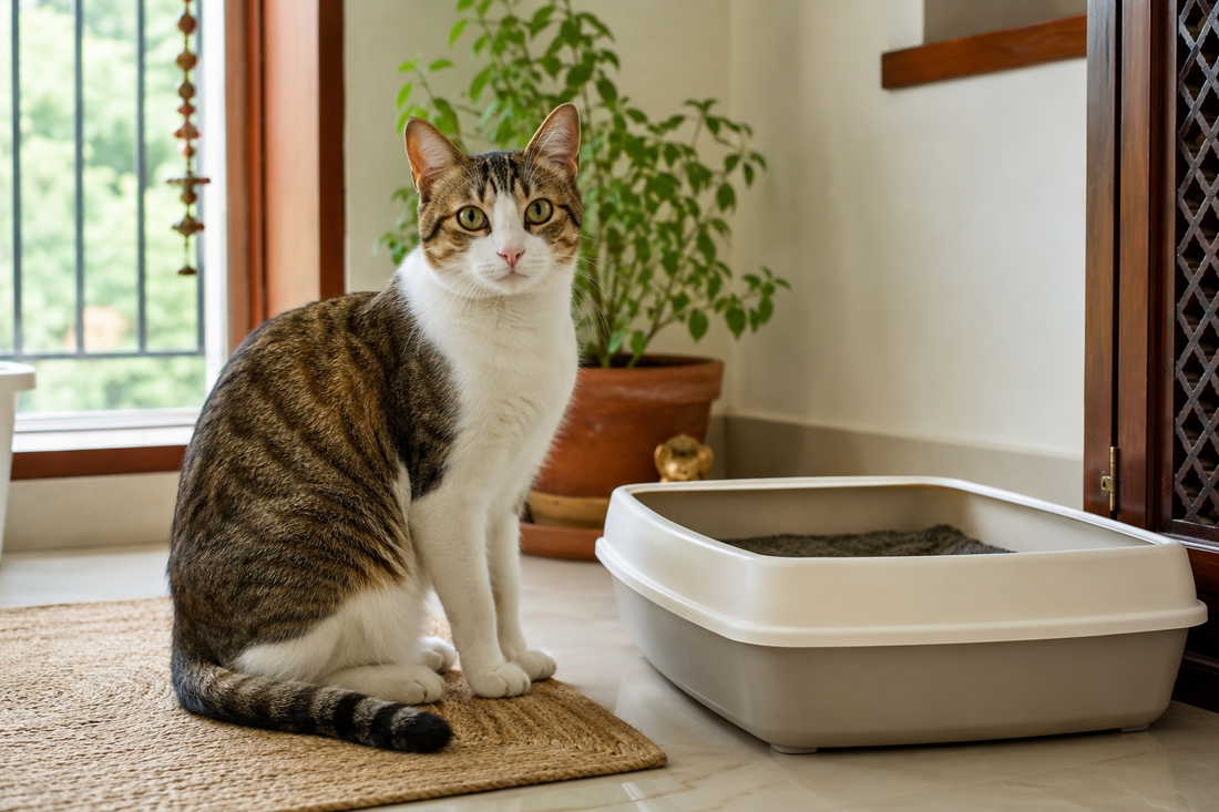 Healthy cat sitting beside a clean open litter box in a bright Indian home, illustrating good litter box habits