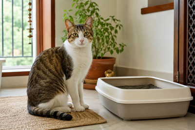Healthy cat sitting beside a clean open litter box in a bright Indian home, illustrating good litter box habits