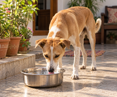 Healthy dog drinking water from a steel bowl, representing kidney and urinary system health in dogs.