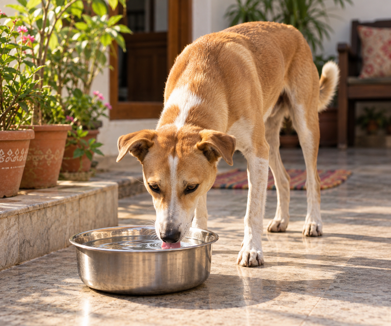 Healthy dog drinking water from a steel bowl, representing kidney and urinary system health in dogs.