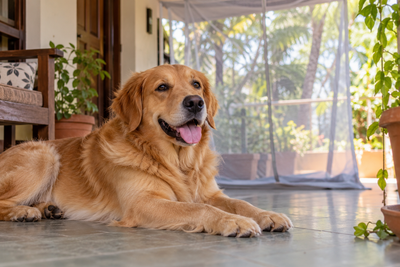Healthy dog resting on a shaded Indian veranda, representing protection against mosquito-borne heartworm disease.