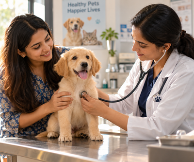Healthy puppy during a veterinary check-up, representing routine immune health monitoring.