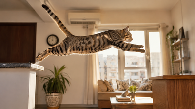 Healthy tabby cat leaping between surfaces in an Indian apartment, demonstrating full musculoskeletal agility