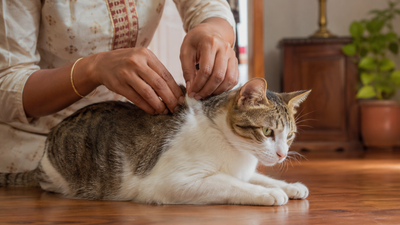 Indian cat owner checking a healthy cat's coat and skin for fleas and ticks at home 