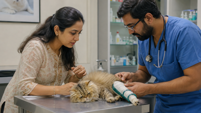  Indian cat owner with concerned expression watching a vet examine her cat's injured leg at a veterinary clinic