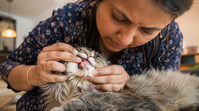 Indian cat parent checking her cat's gum colour at home — a vital home health check for detecting blood disorders and cardiovascular problems.