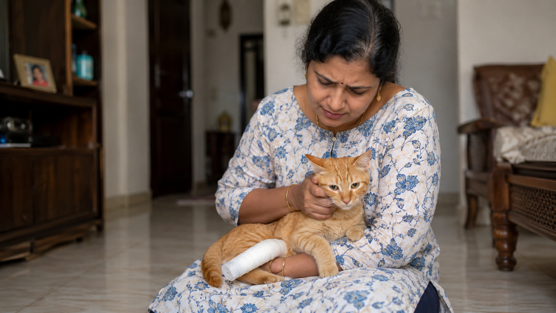 Indian cat parent gently holding a cat with a bandaged broken leg at home in Mumbai